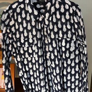 Talbots Top Shirt Blouse Button Front Navy Blue White Pineapple Print Size M